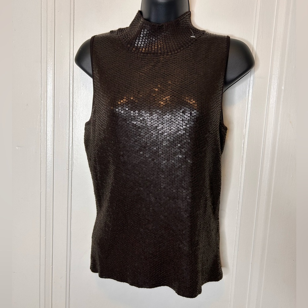 Carmen Marc Valvo Black Sequin Mock Neck Top